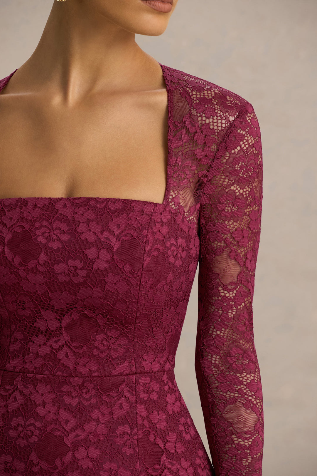 Bijou | Burgundy Square-Neck Lace Long-Sleeve Mini Dress