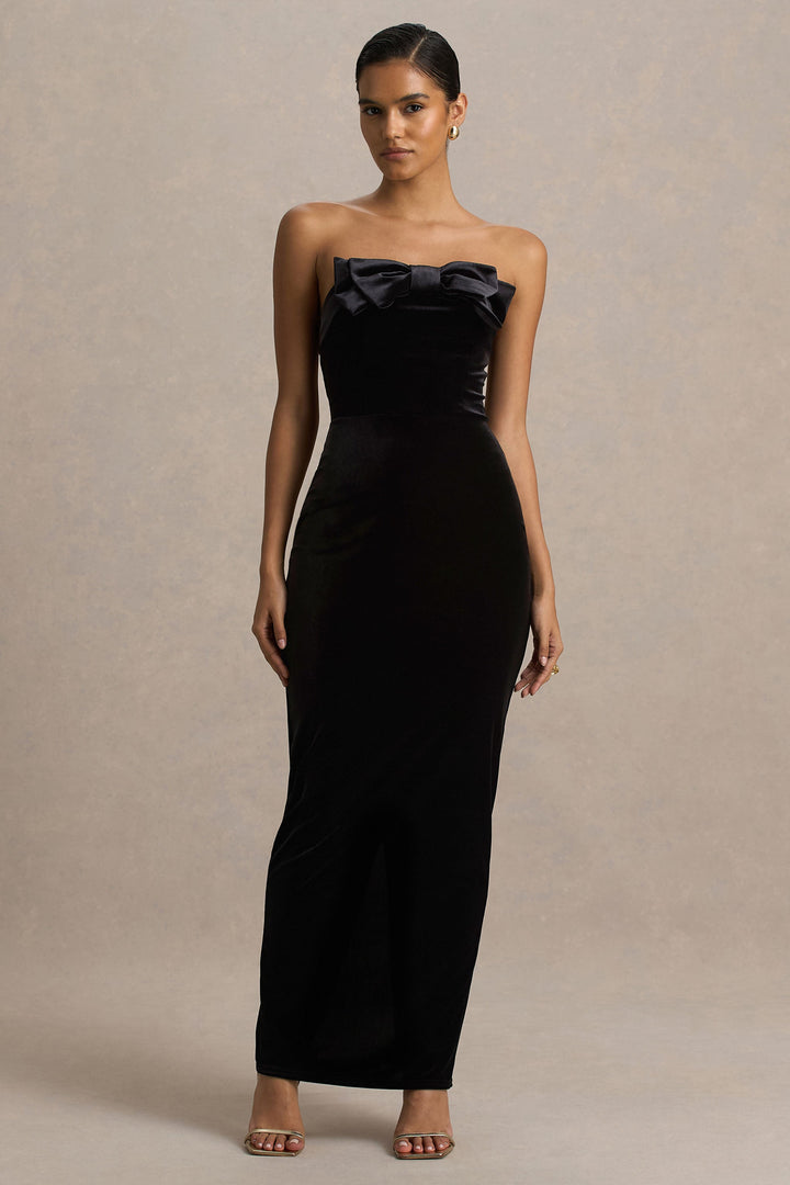 Illusion | Black Velvet Bandeau Maxi Dress With Bow Detail