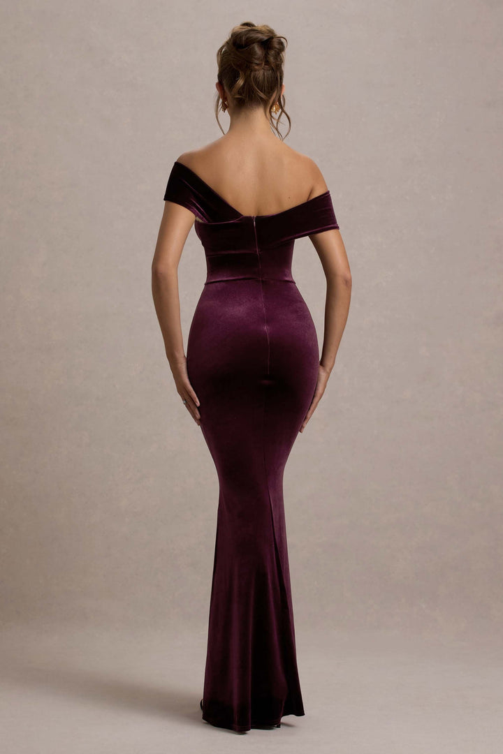 Candela | Port Velvet Asymmetric Bardot Maxi Dress