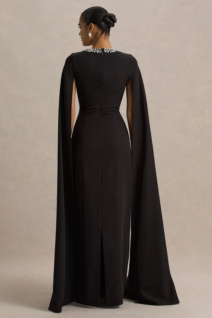 Glossy | Black Woven Square-Neck Maxi Dress With Cape Sleeves and Hand-Embellished Detail