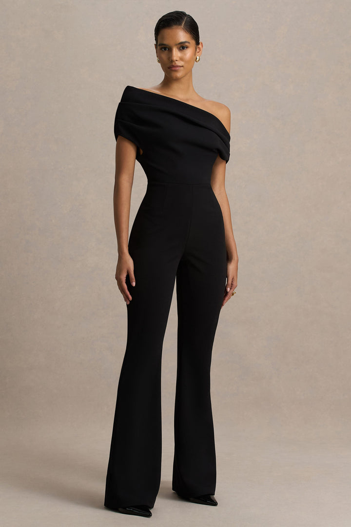 Alexandra | Black Asymmetric-Neck Draped Jumpsuit