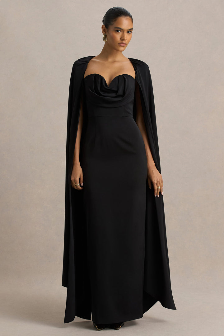 Wren | Black Satin Sweetheart-Neck Maxi Dress With Cape Sleeves