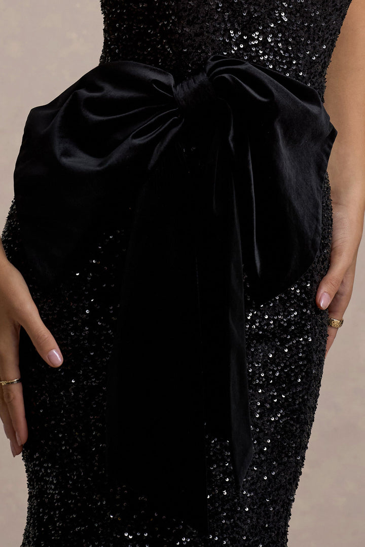 Adee | Black Velvet Halter-Neck Midi Dress With Bow