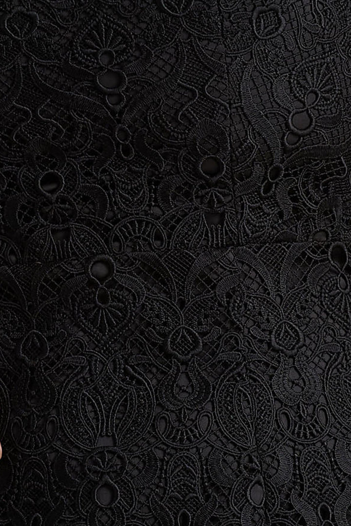 Leanne | Black Mesh And Lace Crew-Neck Fishtail Midi Dress