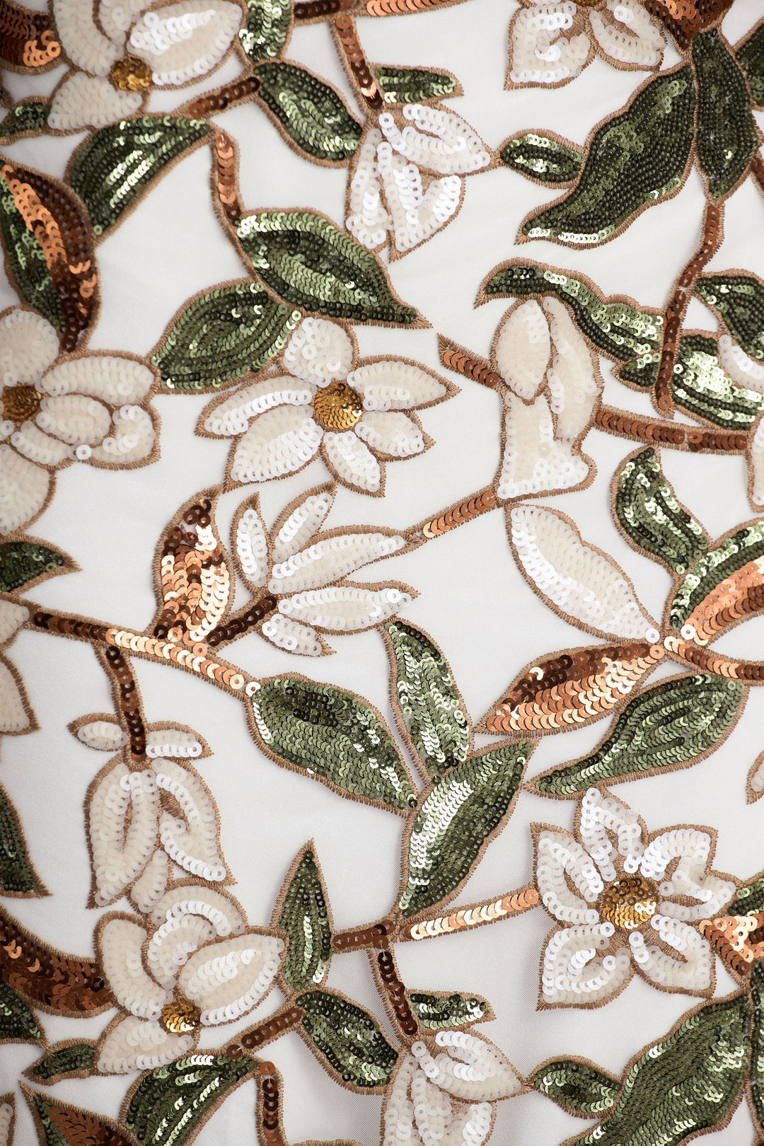 Iony | White And Green Embellished Sequin Floral And Mesh Asymmetric-Neck Maxi Dress