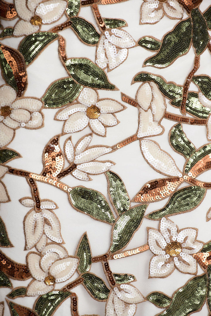 Iony | White And Green Embellished Sequin Floral And Mesh Asymmetric-Neck Maxi Dress