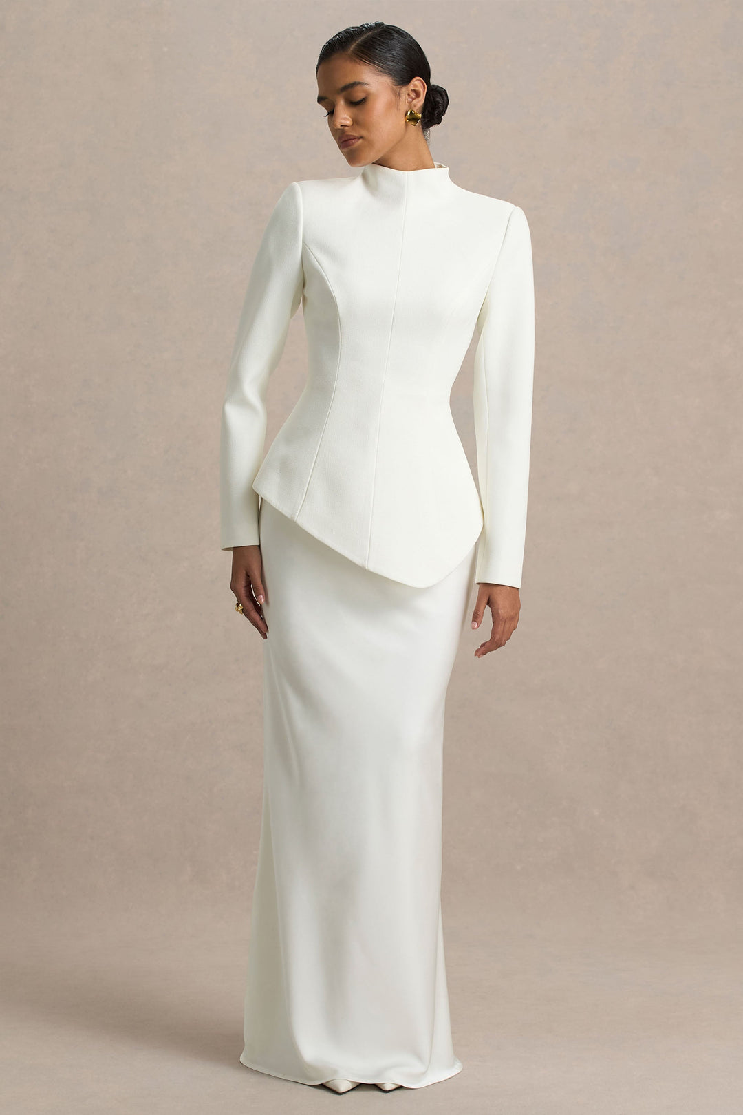 Pepita | Cream High-Neck Tailored Maxi Dress With Drop-Waist And Satin Skirt