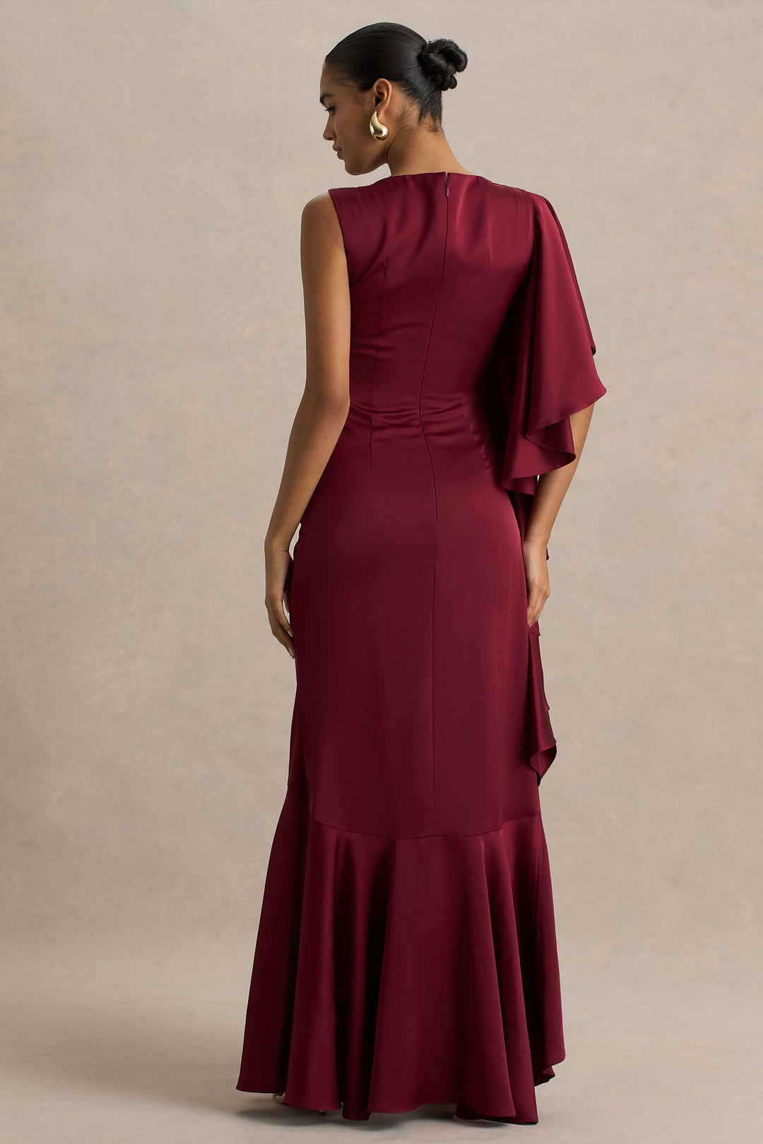 Rosy | Burgundy Satin Boat-Neck Maxi Dress With Front Split And Ruffled Detailing
