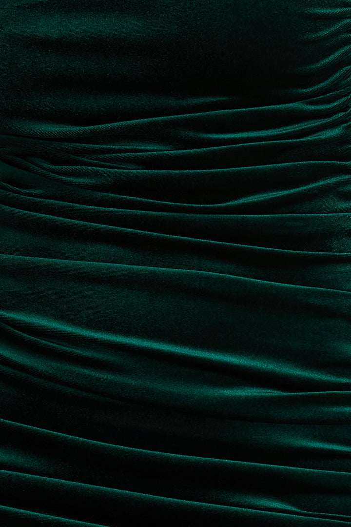 Treat | Bottle Green Velvet Asymmetric-Neck Maxi Dress With Ruched Detailing