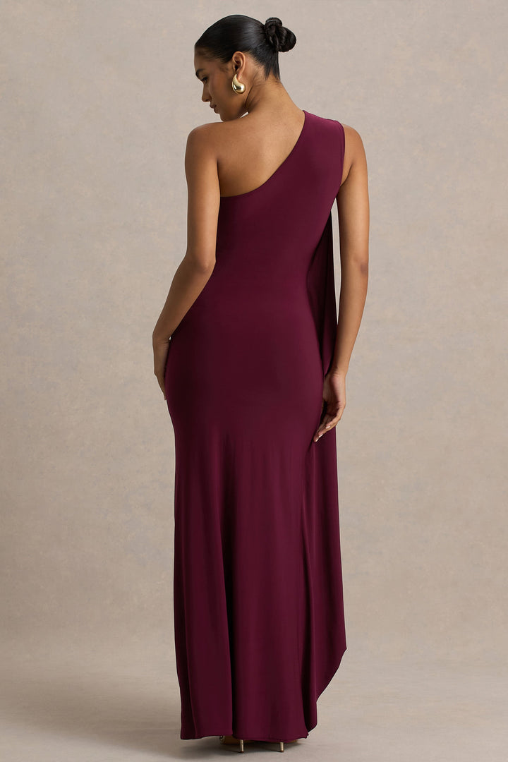 Adelina | Burgundy One-Shoulder Maxi Dress With Drape