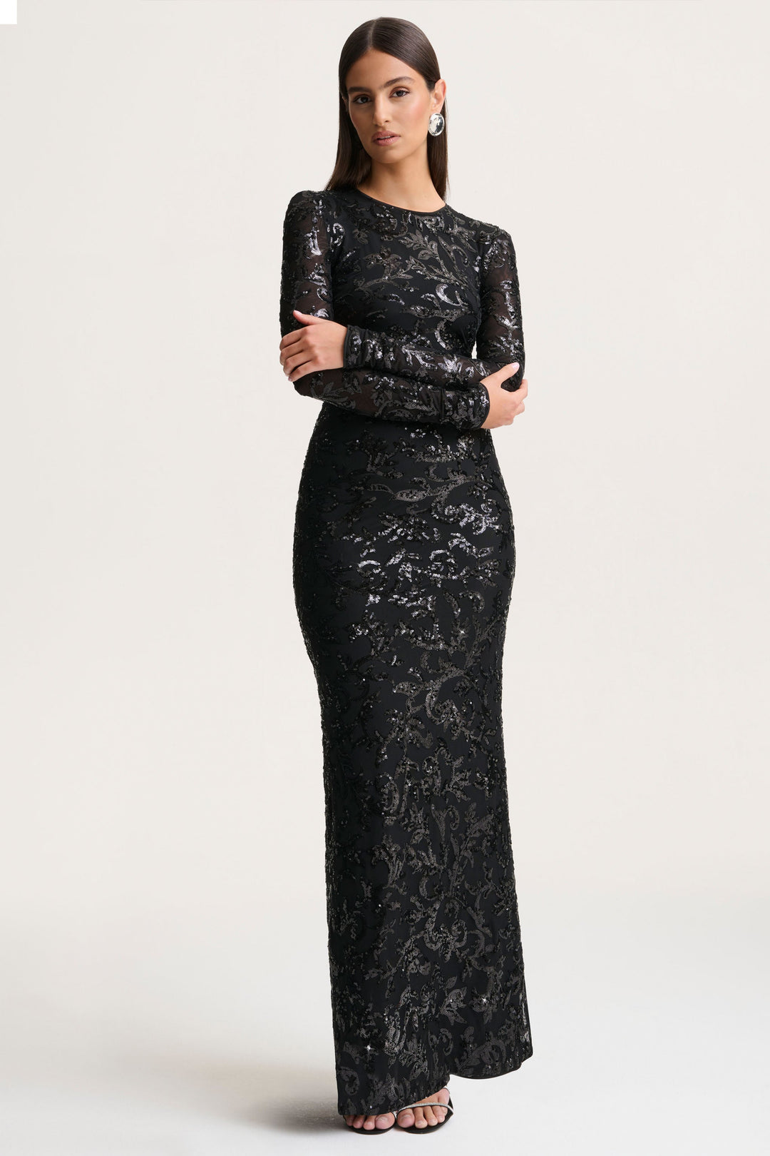 Stellar | Black Embellished Lace High-Neck Maxi Dress With Long Sleeves