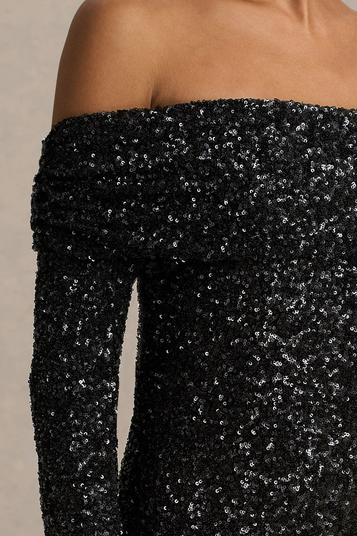 Obsession | Black Sequin Bardot-Neck Maxi Dress With Long Sleeves