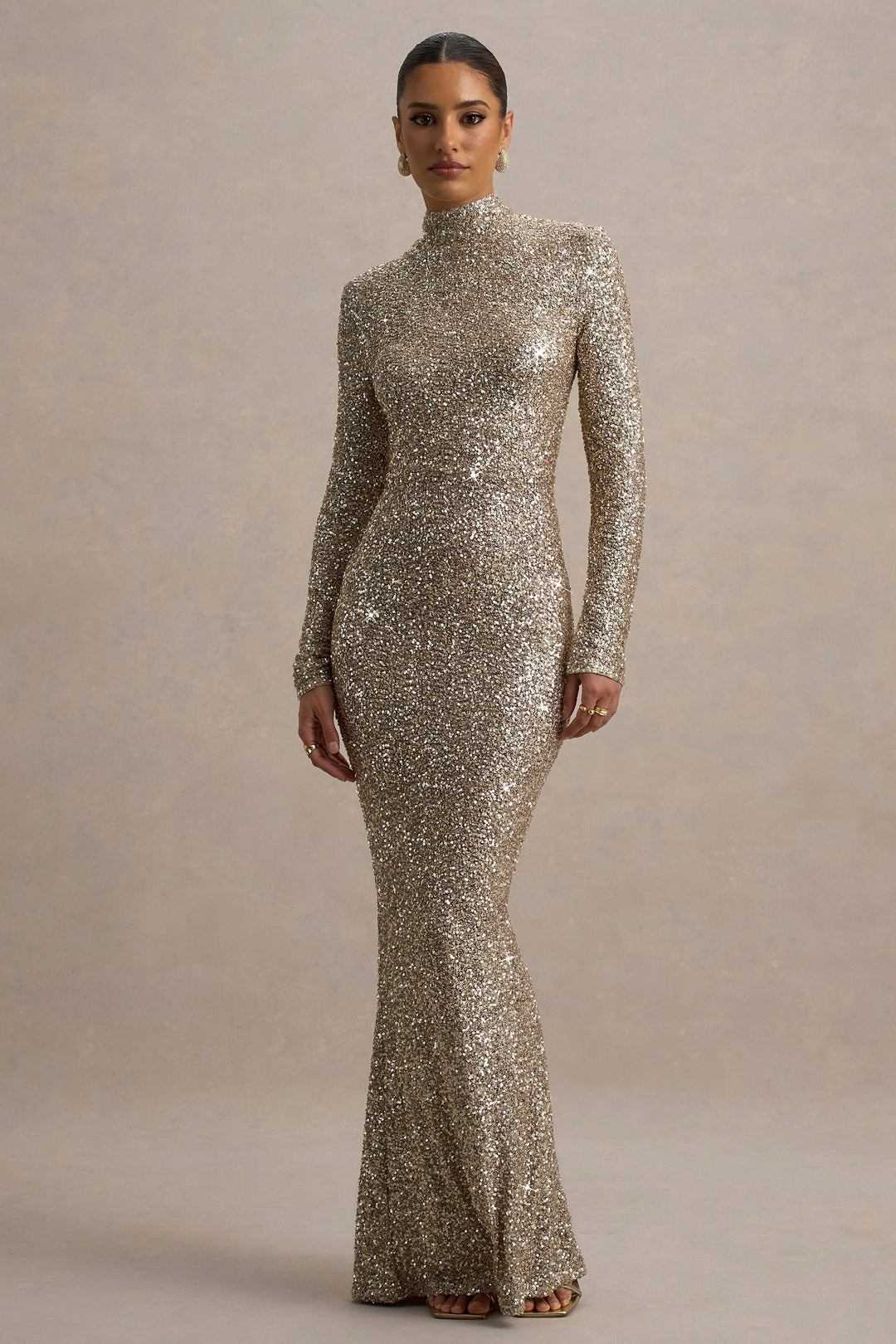 Galaxy | Champagne Sequin Turtle-Neck Long-Sleeve Maxi Dress