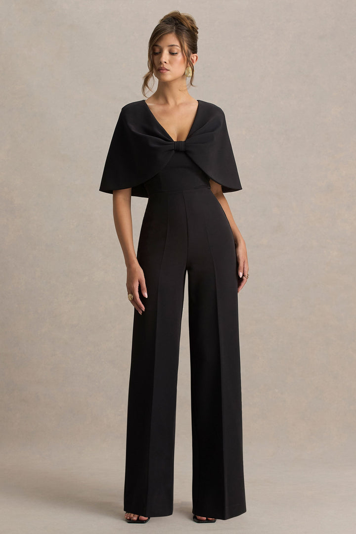 Vivid | Black Plunge-Neck Jumpsuit With Bow-Detail