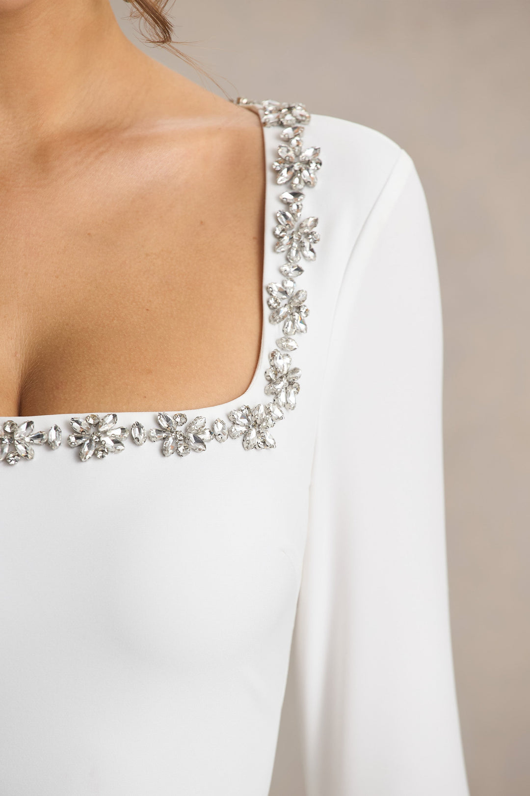 Astonish | White Long-Sleeve Embellished Square-Neck Mini Dress With Volume Skirt