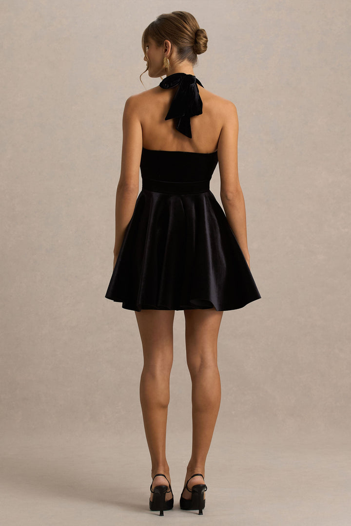 Mirage | Black Velvet Halter-Neck Mini Dress With Skater-Skirt