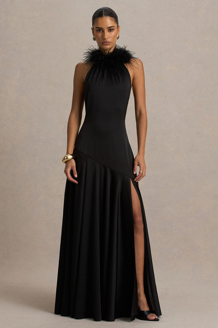 Jemima | Black Satin Halter-Neck Maxi Dress With Feather Trim