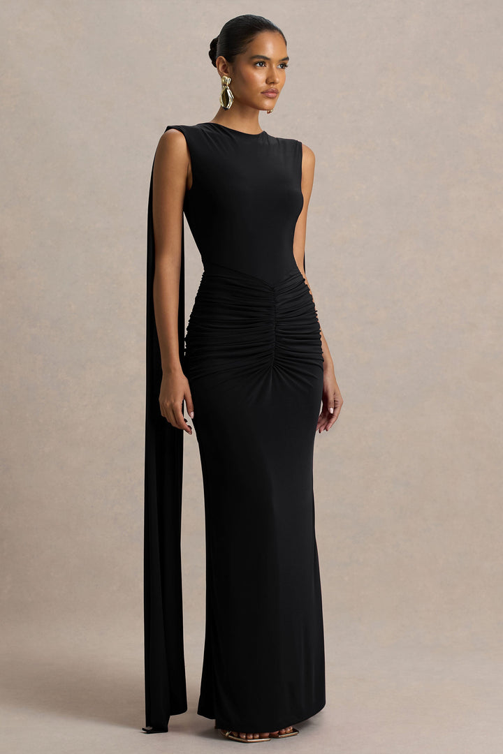 Premiere | Black Boat-Neck Maxi Dress With Open-Back And Cape-Sleeves