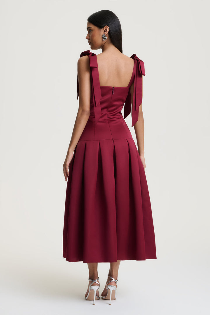 Alberta | Burgundy Satin Square-Neck Midi Dress With Bow Straps