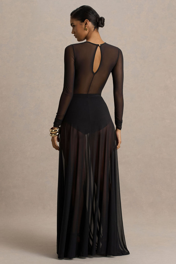 Koami | Black Mesh Long-Sleeve Ruched Maxi Dress With High Split
