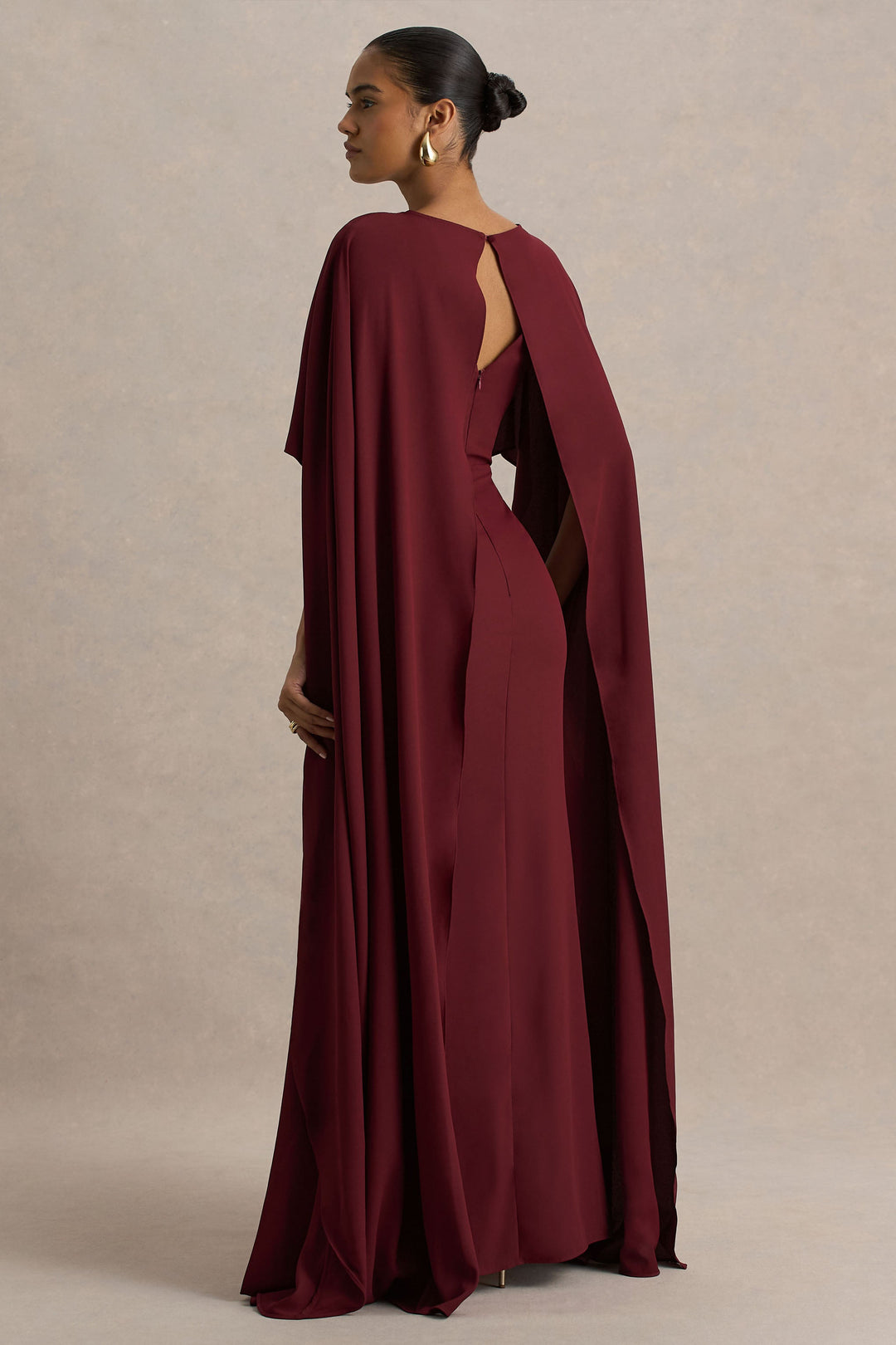 Pristina | Burgundy Boat-Neck Woven Maxi Dress With Cape Detail
