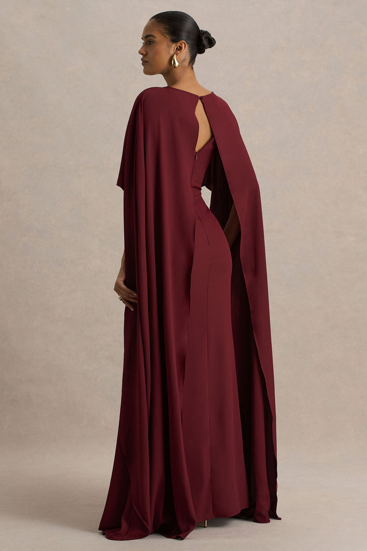 Pristina | Burgundy Boat-Neck Woven Maxi Dress With Cape Detail