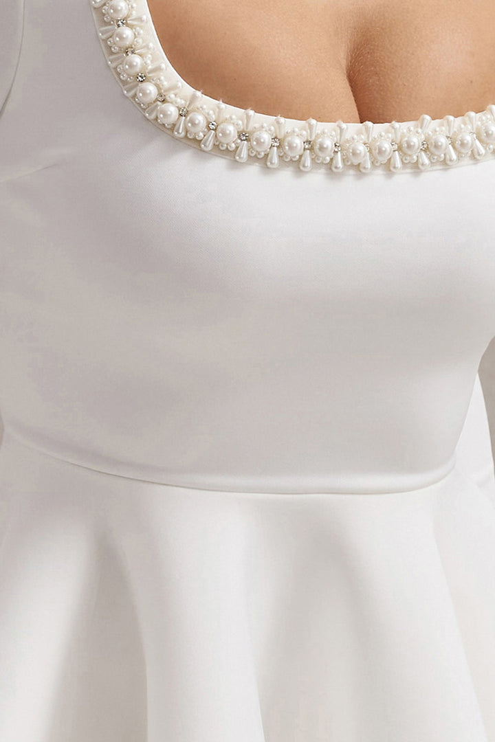 Wilder | White Square-Neck Long-Sleeve Skater Mini Dress