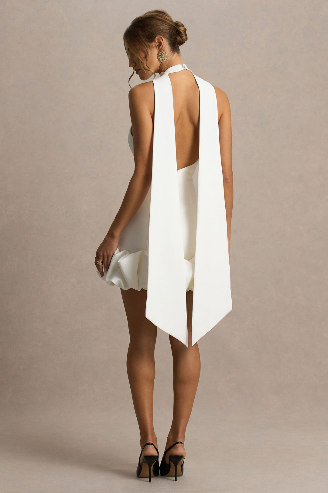Geneve | White Halter-Neck Mini Dress With Ruffled Trim