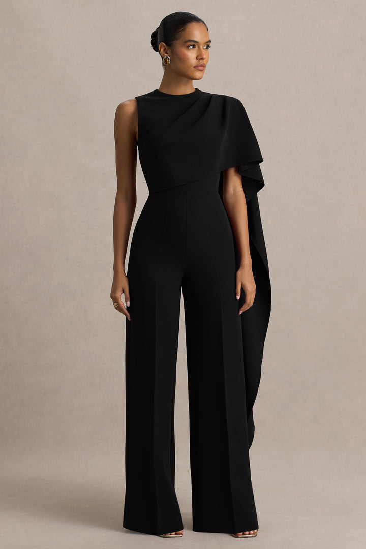Sorenia | Black High-Neck Jumpsuit With One-Cape Sleeve