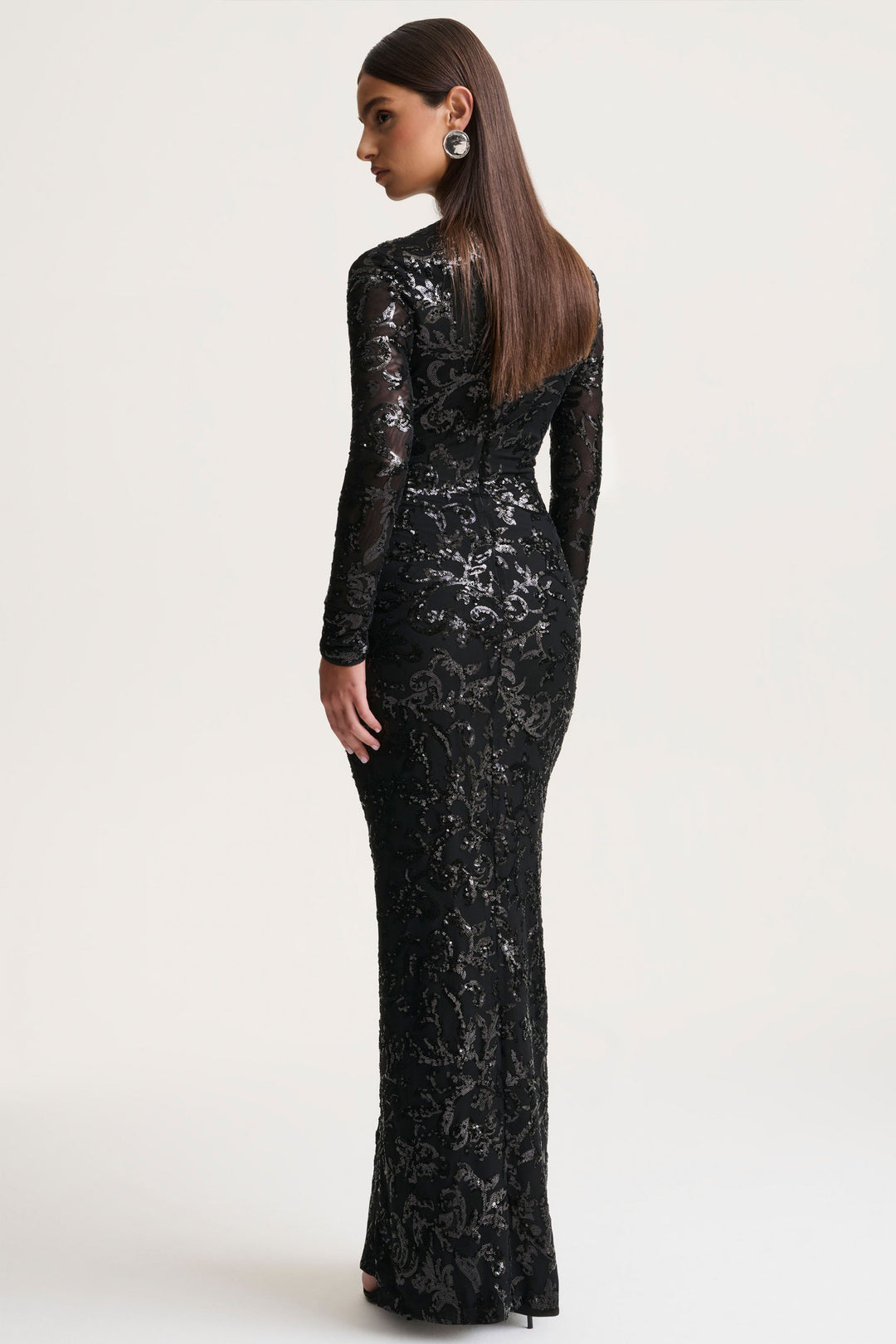 Stellar | Black Embellished Lace High-Neck Maxi Dress With Long Sleeves