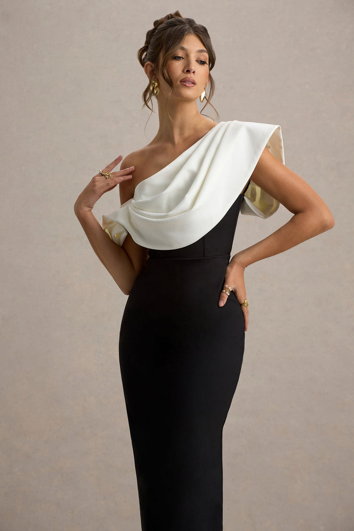 Angelina | Black & White Draped Shoulder Maxi Dress