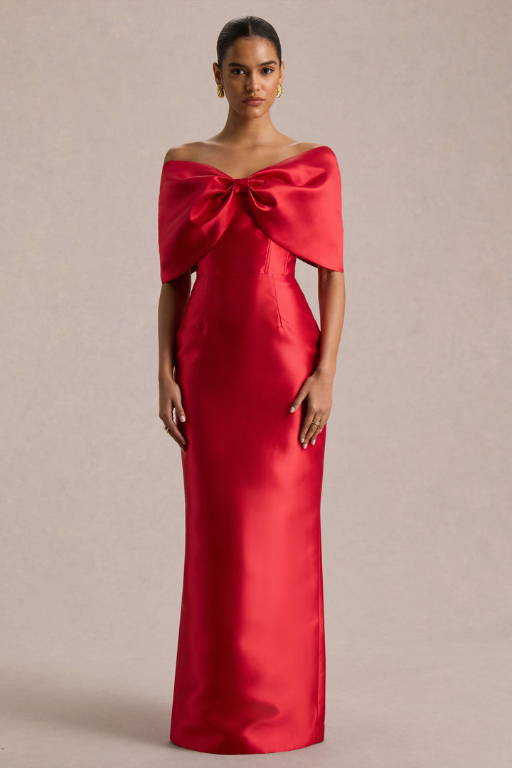 Wanting More | Red Satin Cape Maxi Dress With Oversized Bow