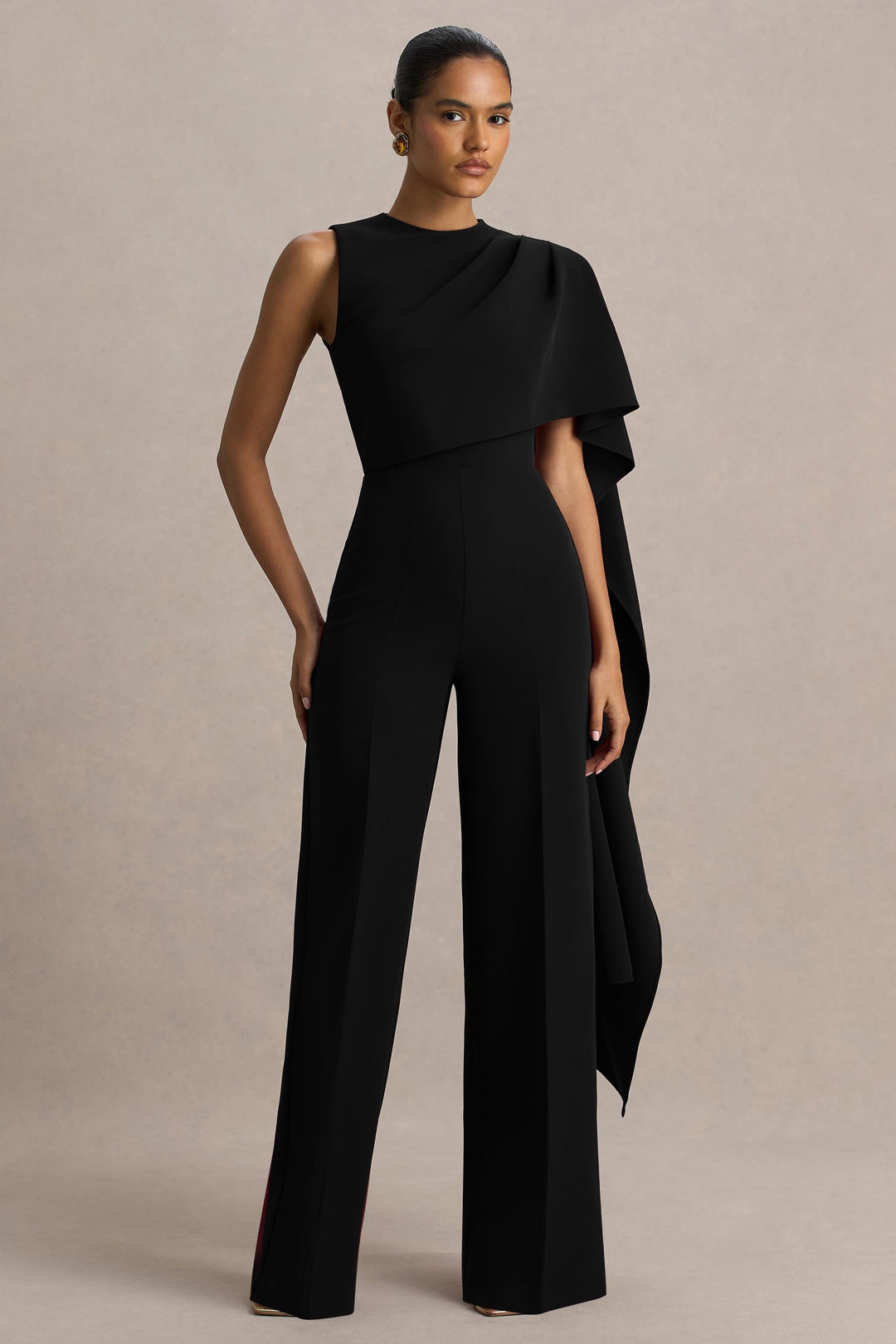 Sorenia | Black High-Neck Jumpsuit With One-Cape Sleeve