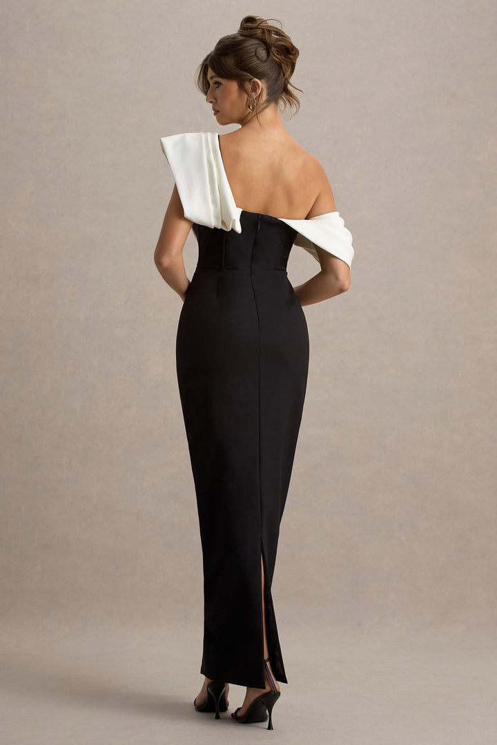 Angelina | Black & White Draped Shoulder Maxi Dress