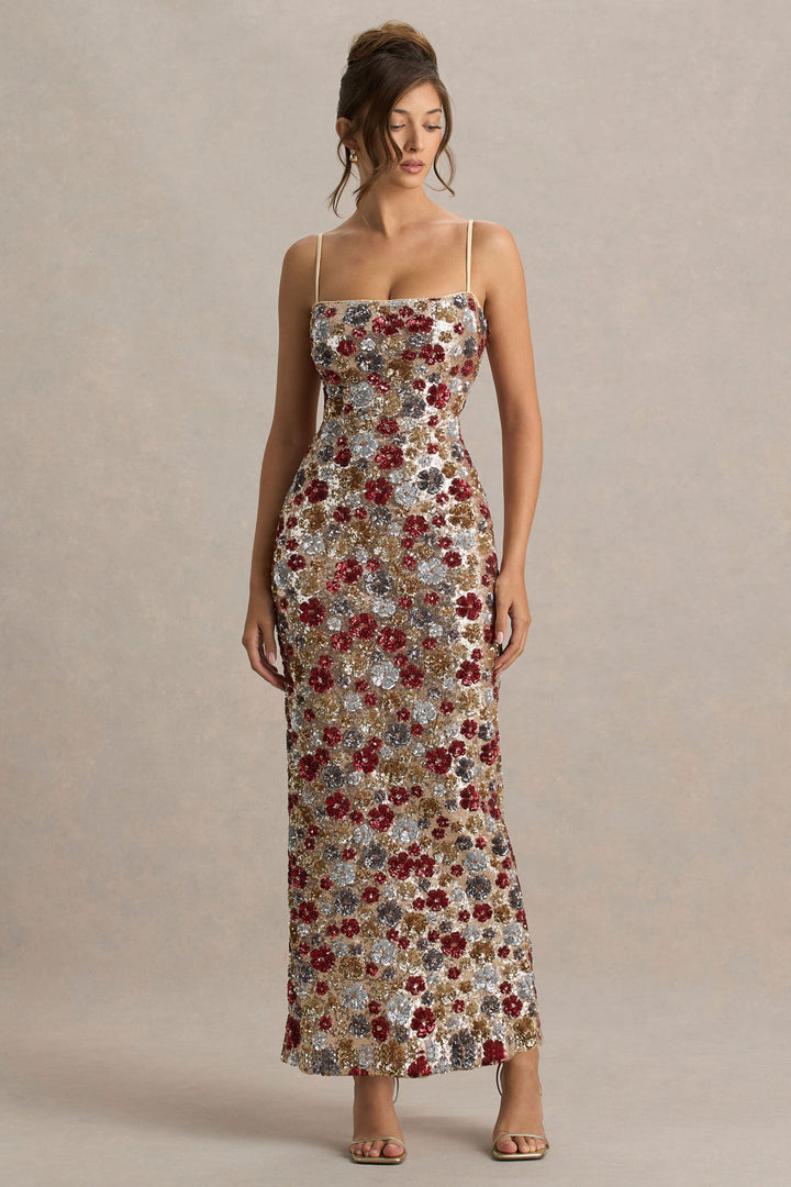 Vitora | Red Floral Embellished Sequin Square-Neck Maxi Dress