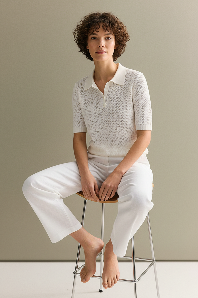 White polo - sitting on stool